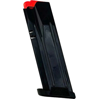 Black handgun magazine standing upright with a red follower at the top and a wide base plate behind it.