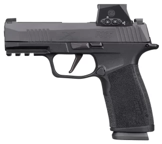 Side view of a black semi-automatic pistol with a mounted red-dot sight on top