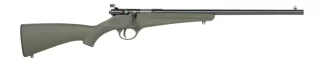 Olive-green bolt-action rifle with scope on a white background.