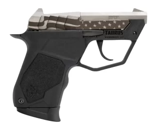 Semi-automatic pistol with a black textured grip and a silver slide featuring an American flag star design (Taurus).
