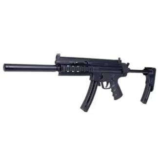 Black assault rifle shown in profile with a long barrel, handguard, pistol grip, and adjustable stock
