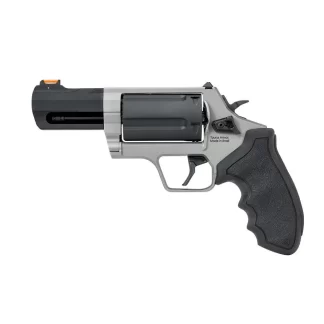 Side view of a compact silver revolver with a black textured grip.