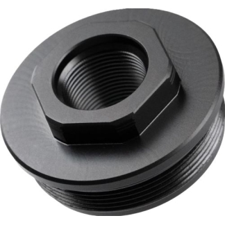 Black metal threaded nut-like component with external threads and a hollow center showing internal threads, viewed at an angle for a close-up detail.