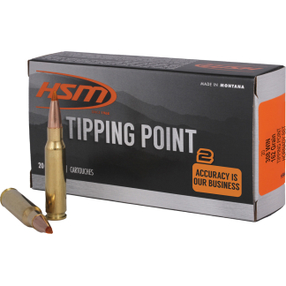 Box of HSM Tipping Point ammunition with two brass bullets in the foreground; includes orange 'Accuracy is our business' label and 'Made in Montana' text on the box.