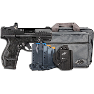 Semi-automatic pistol with four magazines and a holster beside a gray carry bag.