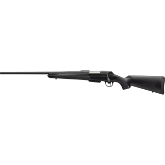 Bolt-action rifle in side profile with a long barrel and black synthetic stock