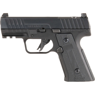 Side view of a black semi-automatic handgun with a textured grip and visible trigger guard.
