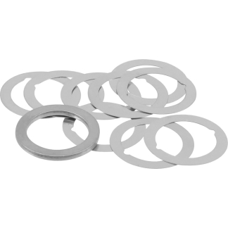 Pile of silver metal washers of various sizes stacked together on a white background, showing circular rings with hollow centers.