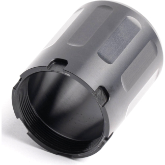 Black cylindrical plastic adapter with internal screw threads, used to connect components, featuring external grip slots