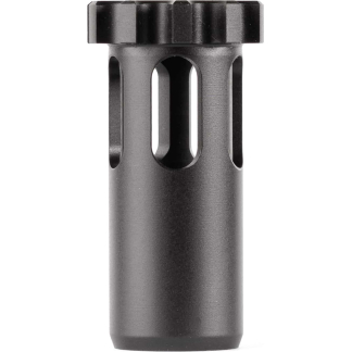 Black muzzle brake with vertical vents and a knurled crown on top, used on a rifle to reduce recoil