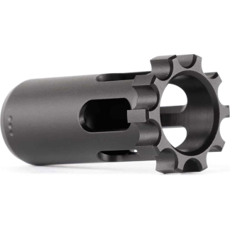 Black muzzle brake attached to a firearm barrel, featuring multiple vented teeth around a circular muzzle ring.