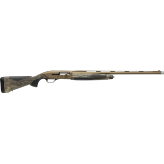 Long hunting shotgun with camo-pattern stock and a long brown barrel, shown from the left side