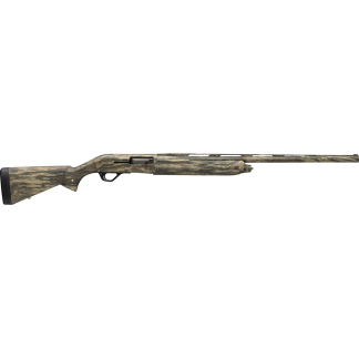 Camouflage-pattern hunting rifle with a long barrel and wooden-like stock, shown from the side