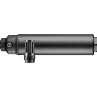 Black cylindrical firearm suppressor viewed from the side, showing a vented section and a threaded mounting end on the left.