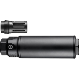 Cylindrical metal machining tool component with a separate perforated accessory above it, shown horizontally in gray.