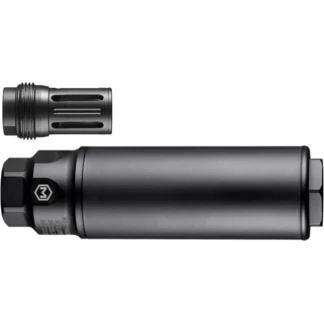 Cylindrical metal machining tool component with a separate perforated accessory above it, shown horizontally in gray.