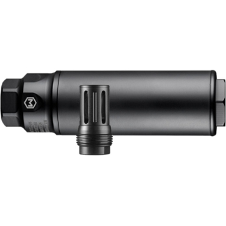 Compact metal muzzle device with vented side port and threaded end, likely a firearm suppressor attachment