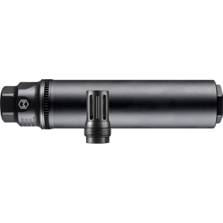 Long cylindrical firearm suppressor attached to a muzzle device, shown in metallic gray.
