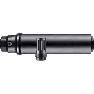 Long cylindrical firearm suppressor attached to a muzzle device, shown in metallic gray.