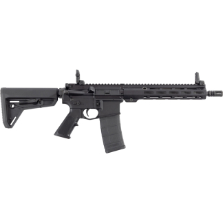 Black modular AR-style rifle with adjustable stock, pistol grip, detachable magazine, and long handguard with Picatinny rails