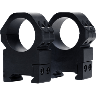 Pair of black rifle scope rings mounted side by side for attaching a telescopic sight to a rifle (dual scope rings)