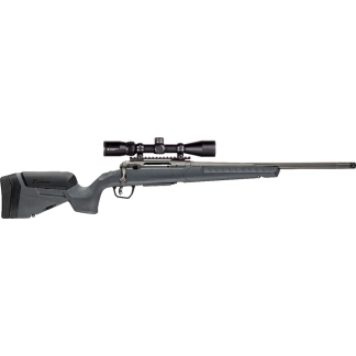 Bolt-action rifle with a scope mounted on a gray stock and long barrel starts from the middle of the image.