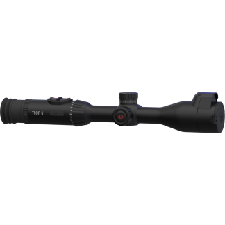 ATN Thor 6 riflescope laid horizontally, with adjustment turret and lens caps visible.