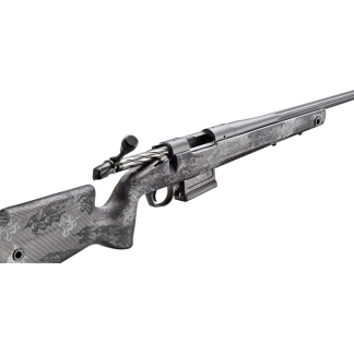 Bolt-action rifle with a camouflaged finish and mounted scope, shown from the side.