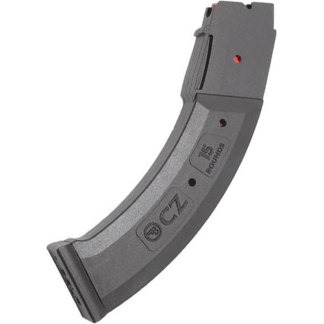 Curved rifle magazine with capacity markings showing 15 and 20 rounds (detachable firearm magazine).