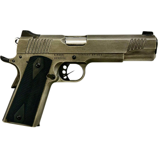 Semi-automatic pistol with tan slide and black textured grip, shown in side profile.