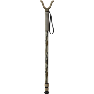 Camouflage-patterned adjustable walking cane with a Y-shaped handle, wrist strap, and rubber tip at the bottom.