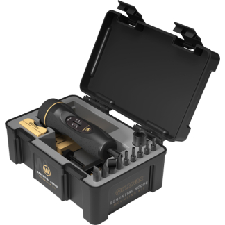Hard-shell carrying case open to show a compact black rifle scope and assorted modular accessories inside.