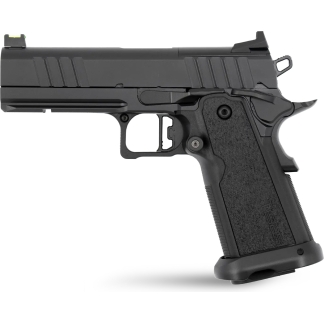 Side view of a black semi-automatic pistol with textured grip and serrated slide.