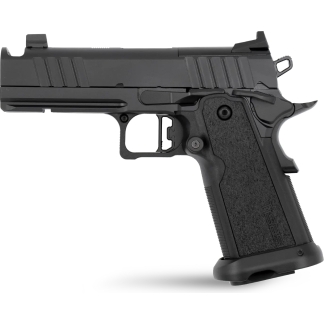 Side view of a black semi-automatic pistol with textured grip, trigger, and sights visible