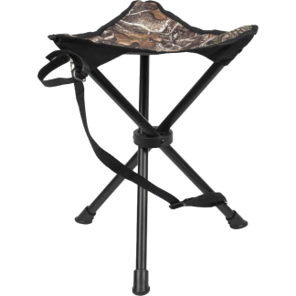 Portable folding tripod stool with camouflage fabric seat and shoulder strap for transport