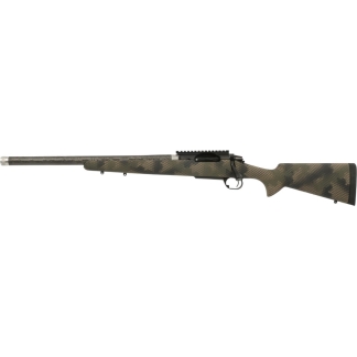 Camouflage-pattern bolt-action rifle in side profile with a long barrel.