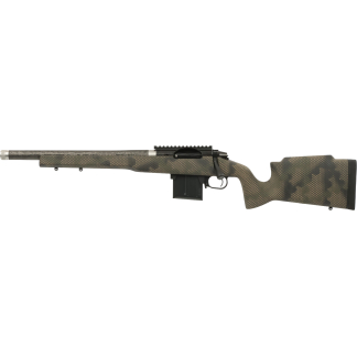 Camouflage-pattern hunting rifle with a long barrel and detachable box magazine.