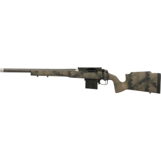 Camouflage-patterned bolt-action sniper rifle with a detachable magazine, shown in profile side view.