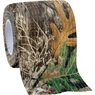 Roll of camouflage tape with a woodland leaf pattern, partially unrolled against a rugged background
