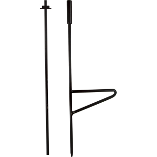 Tall metal plant stake with an L-shaped brace and curved end for soil anchoring.