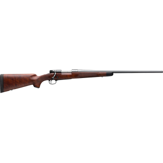 Bolt-action rifle with a wooden stock and long barrel shown in side view, facing right