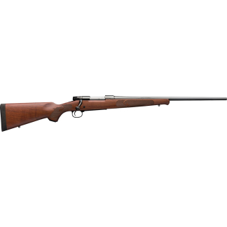 Bolt-action rifle with wooden stock and long barrel on white background