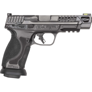 Side profile of a semi-automatic pistol with a textured grip and accessory rail