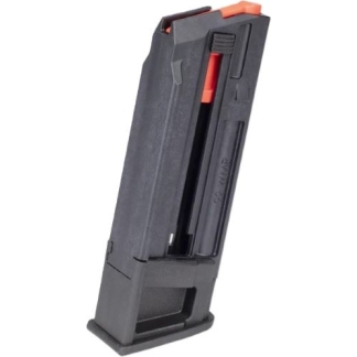 Pistol magazine with an orange follower partially visible at the top, standing upright against a white background.