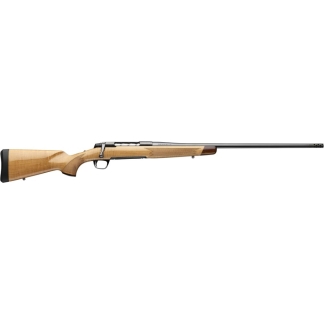 Side view of a bolt-action rifle with a wooden stock and long metal barrel.