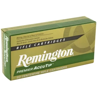 Box of Remington Premier AccuTip rifle cartridges (20 centerfire cartridges) in green and gold packaging, labeled 'Rifle Cartridges' and 'Remington'