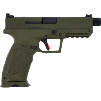 Olive-drab compact semi-automatic pistol with a textured grip and a threaded muzzle cap, shown in profile from the left side.