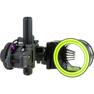 Close-up of a camera rig with a neon-green ring light and a bubble level for alignment.