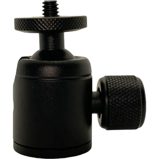 Compact black camera tripod head with knurled tightening knobs and 1/4-inch mounting screw