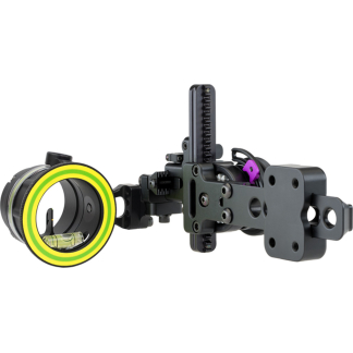 Modular rifle scope mount with a circular yellow‑green level ring and adjustment controls, shown in gray/black.